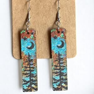 Rustic Wood Dangle BlueEarrings Pine Tree Moon Stars Design 7cm New